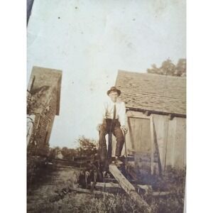Old Photograph Farmer Sitting On Plow Barn House Black & White
